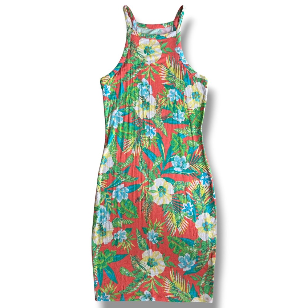 Decree Womens XS Coral Red Tropical Floral High Neck Bodycon Mini Dress Summer